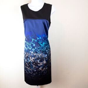 Tahari Blue And Black Watercolor Satin Sheath Dress 8